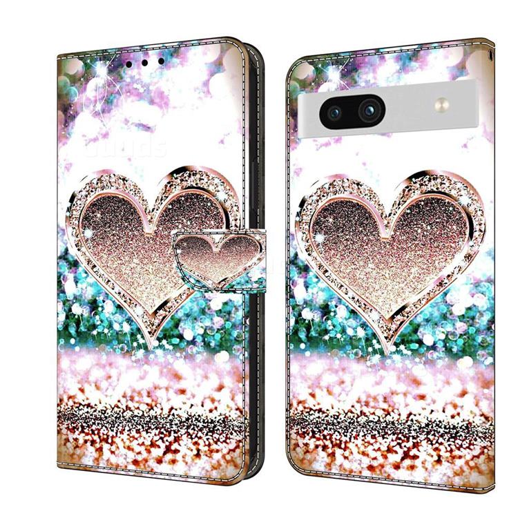 Pink Diamond Heart Crystal PU Leather Protective Wallet Case Cover for Google Pixel 7A