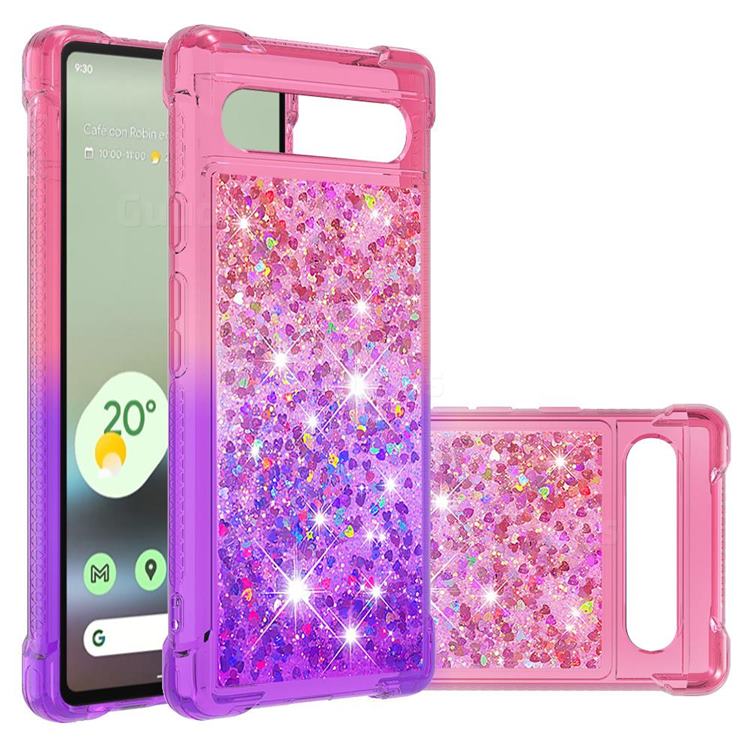Rainbow Gradient Liquid Glitter Quicksand Sequins Phone Case for Google Pixel 7A - Pink Purple