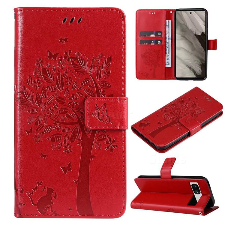Embossing Butterfly Tree Leather Wallet Case for Google Pixel 7A - Red