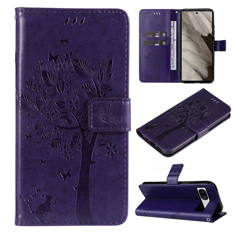 Embossing Butterfly Tree Leather Wallet Case for Google Pixel 7A - Purple
