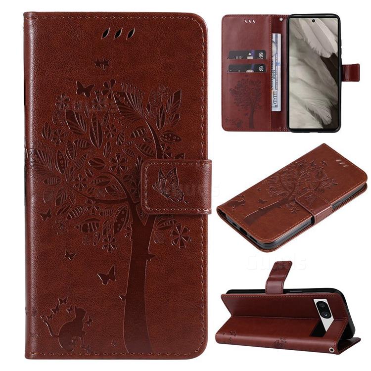 Embossing Butterfly Tree Leather Wallet Case for Google Pixel 7A - Coffee