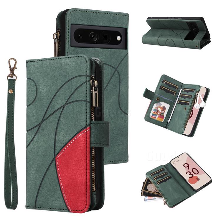Luxury Two-color Stitching Multi-function Zipper Leather Wallet Case Cover for Google Pixel 7 Pro - Green