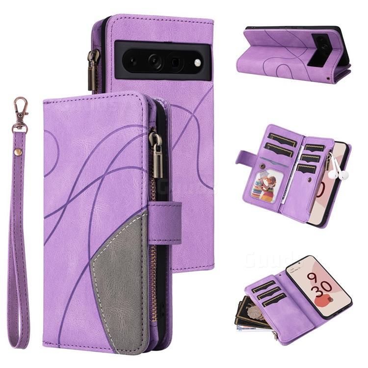 Luxury Two-color Stitching Multi-function Zipper Leather Wallet Case Cover for Google Pixel 7 Pro - Purple