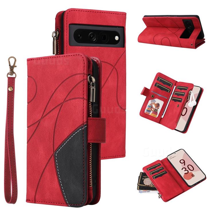 Luxury Two-color Stitching Multi-function Zipper Leather Wallet Case Cover for Google Pixel 7 Pro - Red