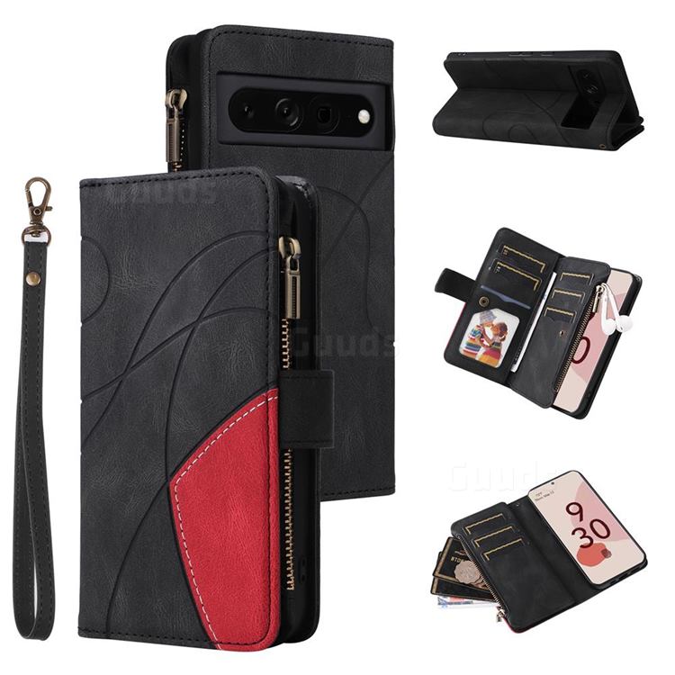 Luxury Two-color Stitching Multi-function Zipper Leather Wallet Case Cover for Google Pixel 7 Pro - Black