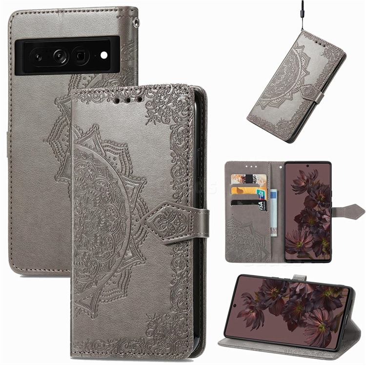 Embossing Imprint Mandala Flower Leather Wallet Case for Google Pixel 7 Pro - Gray