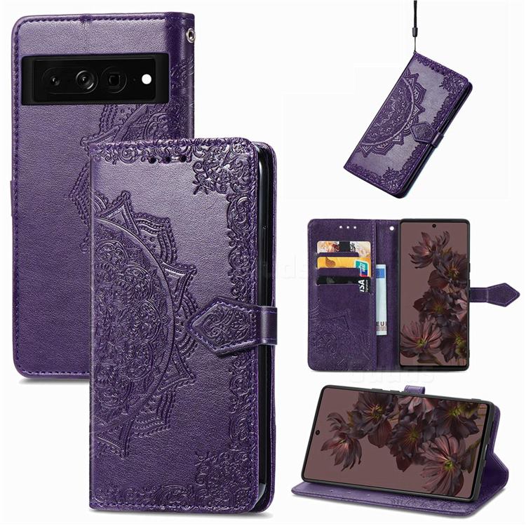 Embossing Imprint Mandala Flower Leather Wallet Case for Google Pixel 7 Pro - Purple