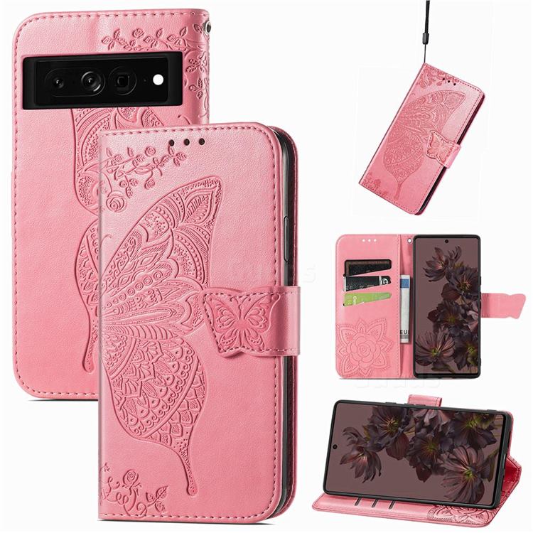 Embossing Mandala Flower Butterfly Leather Wallet Case for Google Pixel 7 Pro - Pink