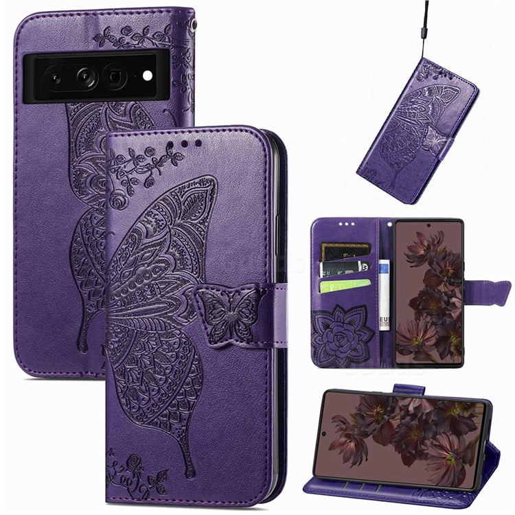 Embossing Mandala Flower Butterfly Leather Wallet Case for Google Pixel 7 Pro - Dark Purple