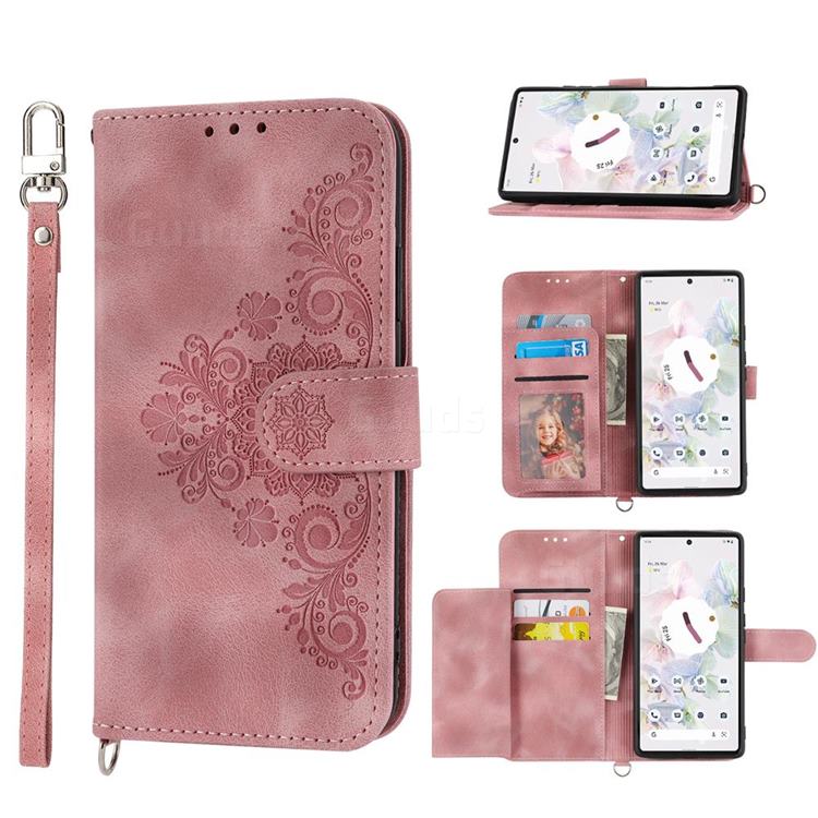 Skin Feel Embossed Lace Flower Multiple Card Slots Leather Wallet Phone Case for Google Pixel 7 Pro - Pink