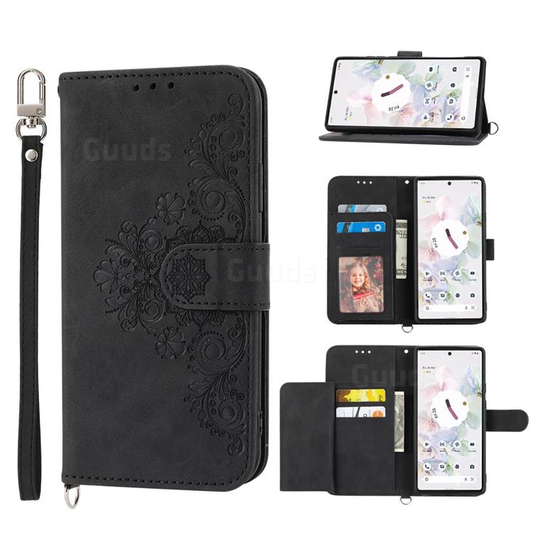 Skin Feel Embossed Lace Flower Multiple Card Slots Leather Wallet Phone Case for Google Pixel 7 Pro - Black
