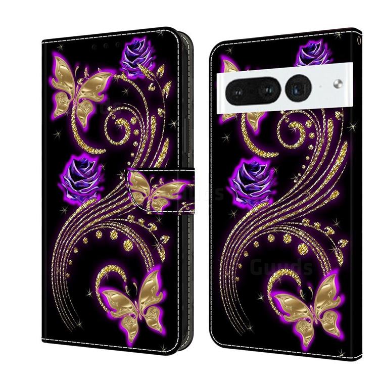 Purple Flower Butterfly Crystal PU Leather Protective Wallet Case Cover for Google Pixel 7 Pro