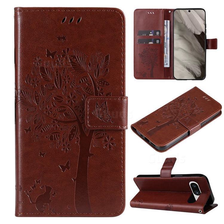 Embossing Butterfly Tree Leather Wallet Case for Google Pixel 8 - Coffee
