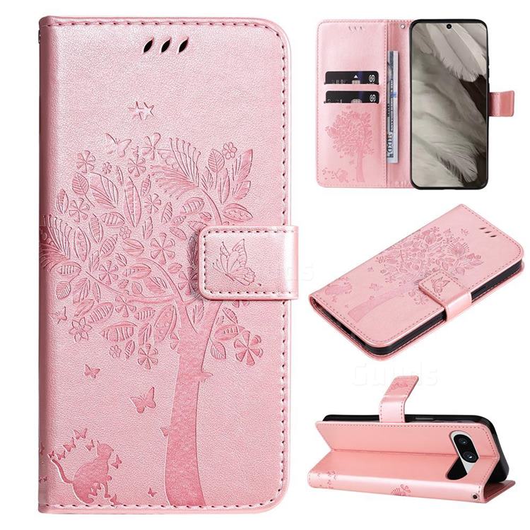 Embossing Butterfly Tree Leather Wallet Case for Google Pixel 8 - Rose Pink