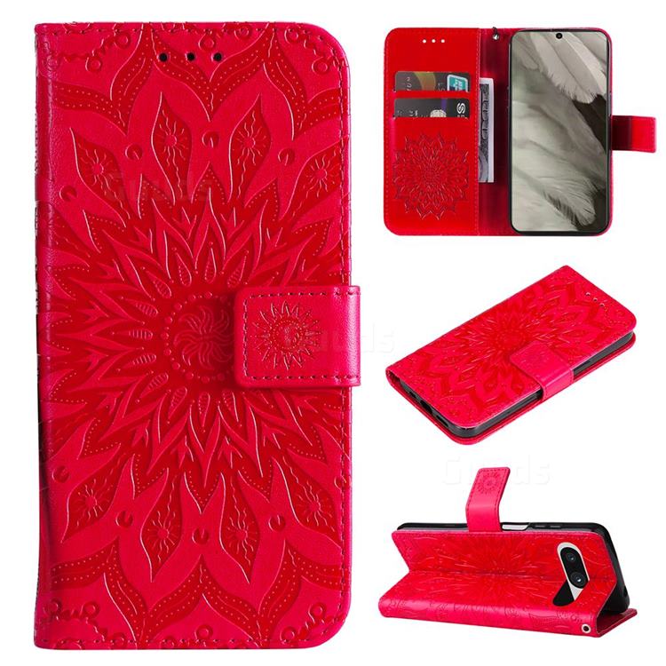 Embossing Sunflower Leather Wallet Case for Google Pixel 8 - Red