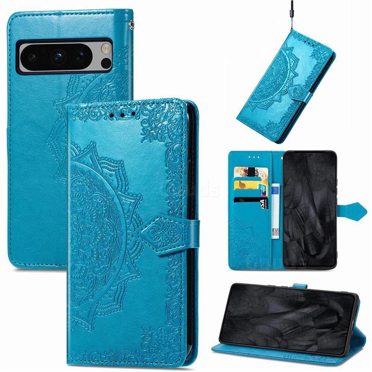 Embossing Imprint Mandala Flower Leather Wallet Case for Google Pixel 8 Pro - Blue