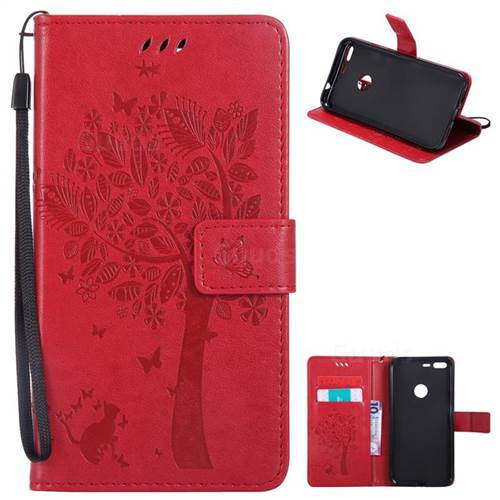 Embossing Butterfly Tree Leather Wallet Case for Google Pixel XL - Red