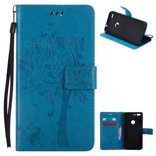 Embossing Butterfly Tree Leather Wallet Case for Google Pixel XL - Blue
