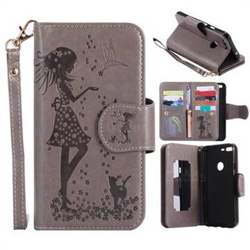 Embossing Cat Girl 9 Card Leather Wallet Case for Google Pixel XL - Gray