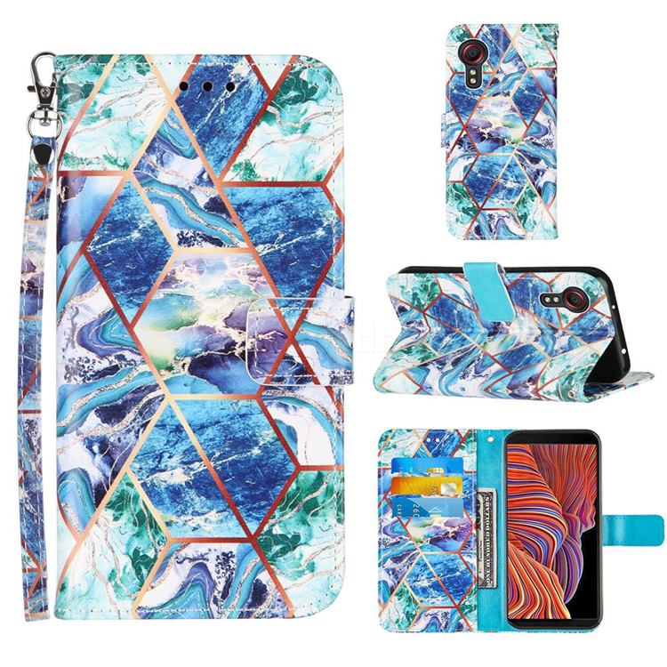 Green and Blue Stitching Color Marble Leather Wallet Case for Samsung Galaxy Xcover 5