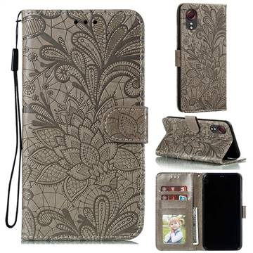Intricate Embossing Lace Jasmine Flower Leather Wallet Case for Samsung Galaxy Xcover 5 - Gray