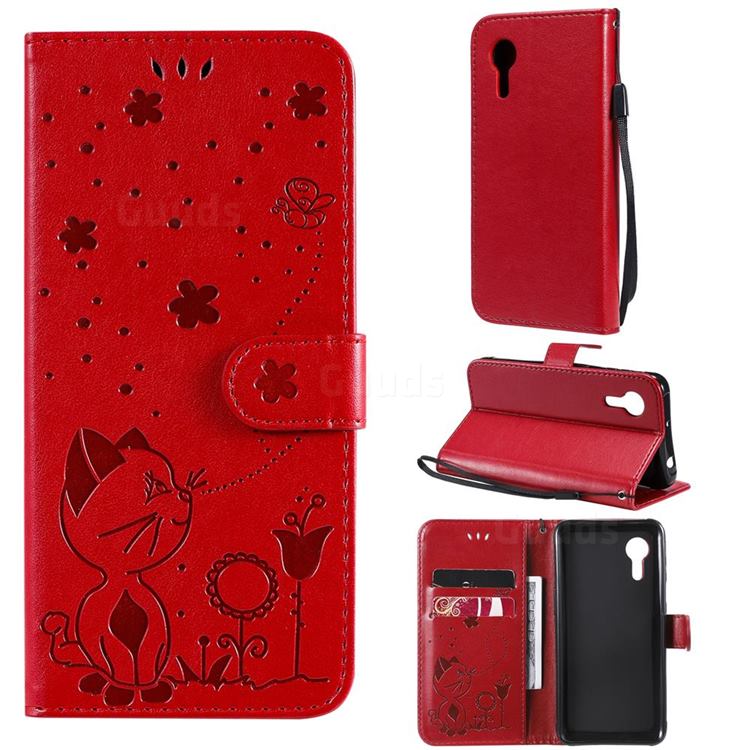 Embossing Bee and Cat Leather Wallet Case for Samsung Galaxy Xcover 5 - Red