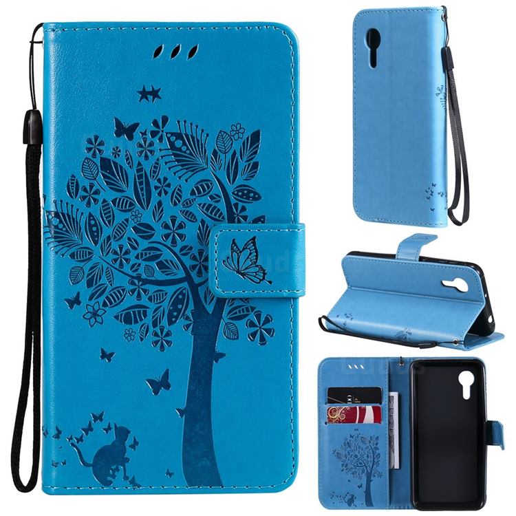 Embossing Butterfly Tree Leather Wallet Case for Samsung Galaxy Xcover 5 - Blue