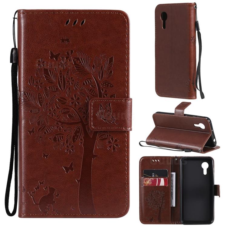 Embossing Butterfly Tree Leather Wallet Case for Samsung Galaxy Xcover 5 - Coffee