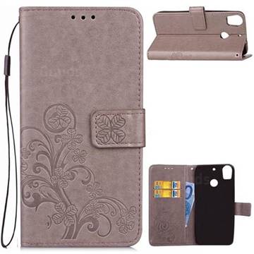Embossing Imprint Four-Leaf Clover Leather Wallet Case for HTC Desire 10 Pro - Grey