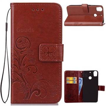 Embossing Imprint Four-Leaf Clover Leather Wallet Case for HTC Desire 10 Pro - Brown