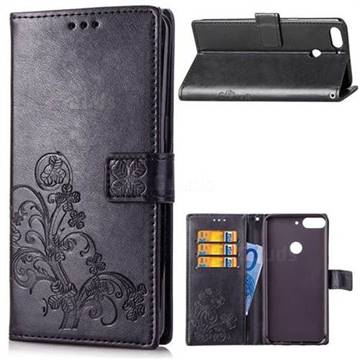 Embossing Imprint Four-Leaf Clover Leather Wallet Case for HTC Desire 12+ Plus (6.0 inch) - Black