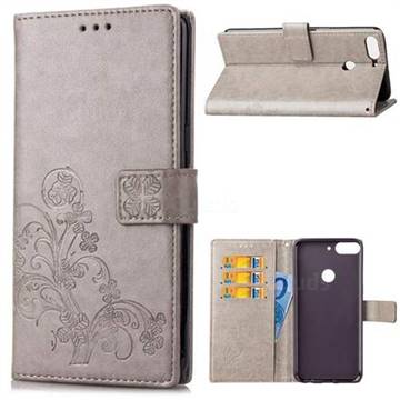 Embossing Imprint Four-Leaf Clover Leather Wallet Case for HTC Desire 12+ Plus (6.0 inch) - Grey