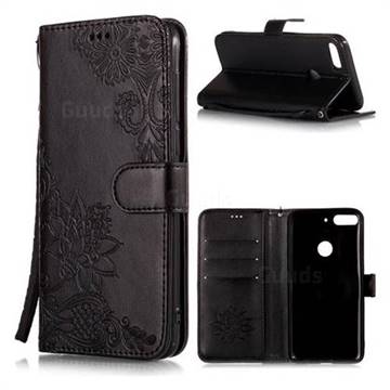 Intricate Embossing Lotus Mandala Flower Leather Wallet Case for HTC Desire 12+ Plus (6.0 inch) - Black