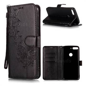 Intricate Embossing Dandelion Butterfly Leather Wallet Case for HTC Desire 12+ Plus (6.0 inch) - Black