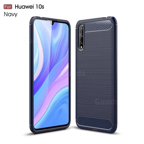 Luxury Carbon Fiber Brushed Wire Drawing Silicone TPU Back Cover for Huawei Enjoy 10s - Navy