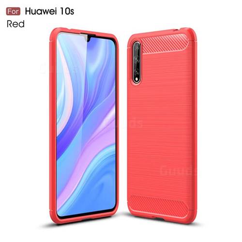 Luxury Carbon Fiber Brushed Wire Drawing Silicone TPU Back Cover for Huawei Enjoy 10s - Red