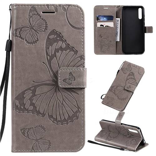 Embossing 3D Butterfly Leather Wallet Case for Huawei Enjoy 10s - Gray