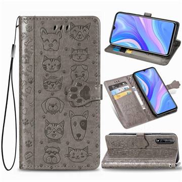 Embossing Dog Paw Kitten and Puppy Leather Wallet Case for Huawei Enjoy 10s - Gray