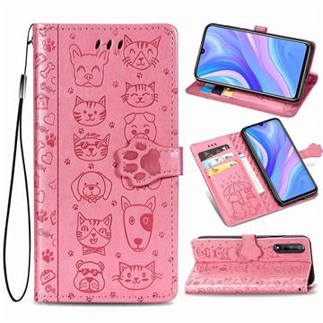 Embossing Dog Paw Kitten and Puppy Leather Wallet Case for Huawei Enjoy 10s - Pink