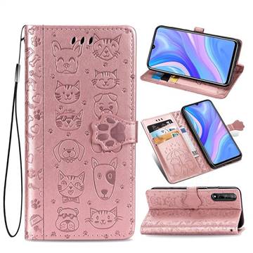 Embossing Dog Paw Kitten and Puppy Leather Wallet Case for Huawei Enjoy 10s - Rose Gold