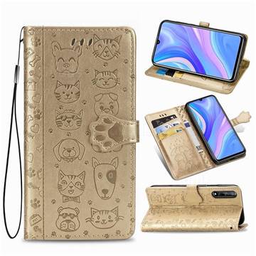 Embossing Dog Paw Kitten and Puppy Leather Wallet Case for Huawei Enjoy 10s - Champagne Gold