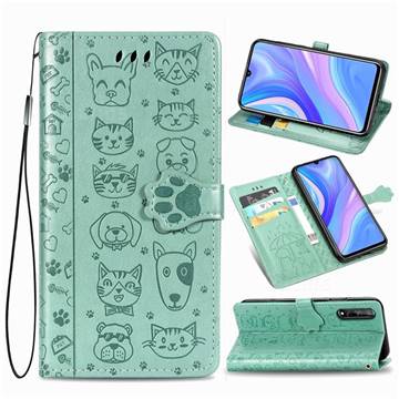Embossing Dog Paw Kitten and Puppy Leather Wallet Case for Huawei Enjoy 10s - Green