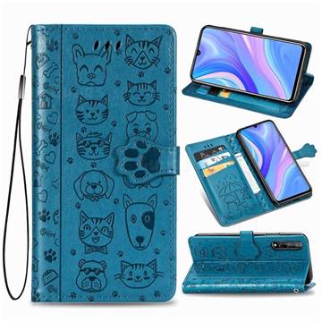 Embossing Dog Paw Kitten and Puppy Leather Wallet Case for Huawei Enjoy 10s - Blue