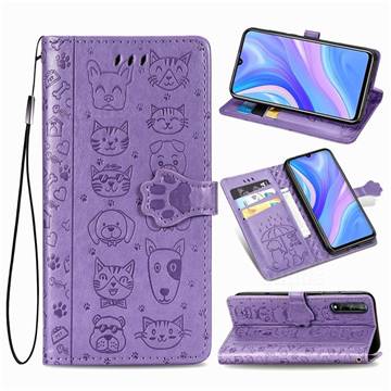 Embossing Dog Paw Kitten and Puppy Leather Wallet Case for Huawei Enjoy 10s - Purple