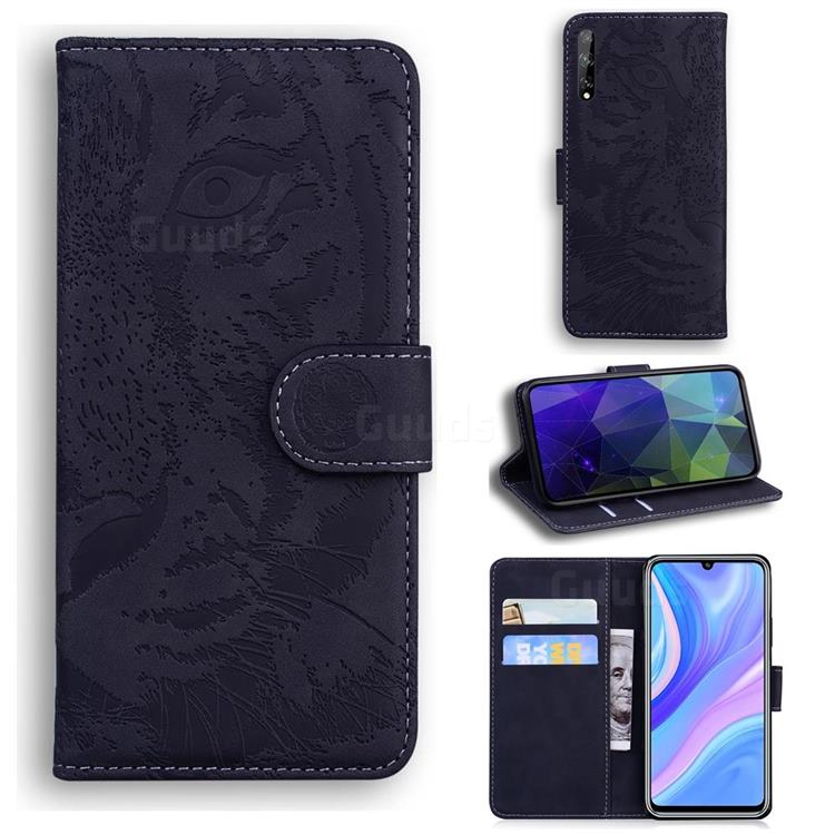 Intricate Embossing Tiger Face Leather Wallet Case for Huawei Enjoy 10s - Black