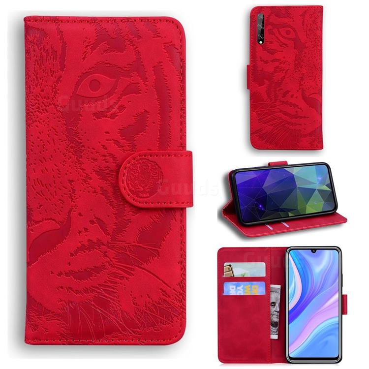 Intricate Embossing Tiger Face Leather Wallet Case for Huawei Enjoy 10s - Red