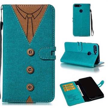 Mens Button Clothing Style Leather Wallet Phone Case for Huawei Enjoy 8E - Green
