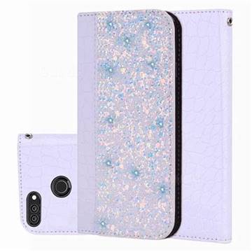Shiny Crocodile Pattern Stitching Magnetic Closure Flip Holster Shockproof Phone Cases for Huawei Enjoy 8E - White Silver