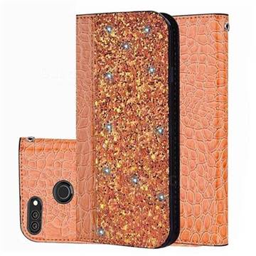 Shiny Crocodile Pattern Stitching Magnetic Closure Flip Holster Shockproof Phone Cases for Huawei Enjoy 8E - Gold Orange