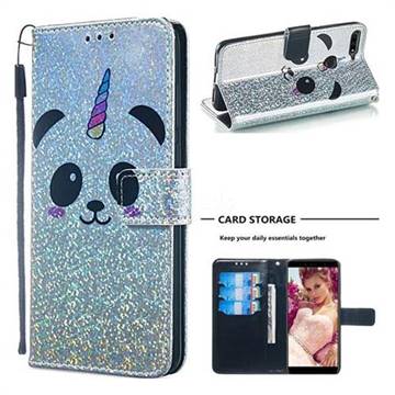 Panda Unicorn Sequins Painted Leather Wallet Case for Huawei Enjoy 8E
